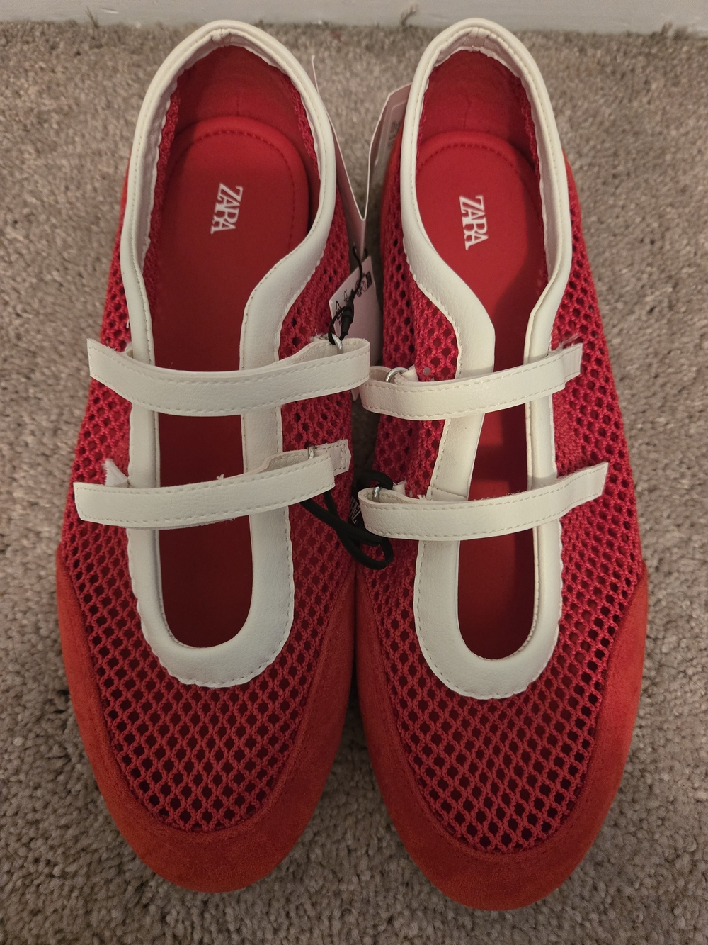 ZARA Red Mesh Mary Jane Sneakers with White Trim